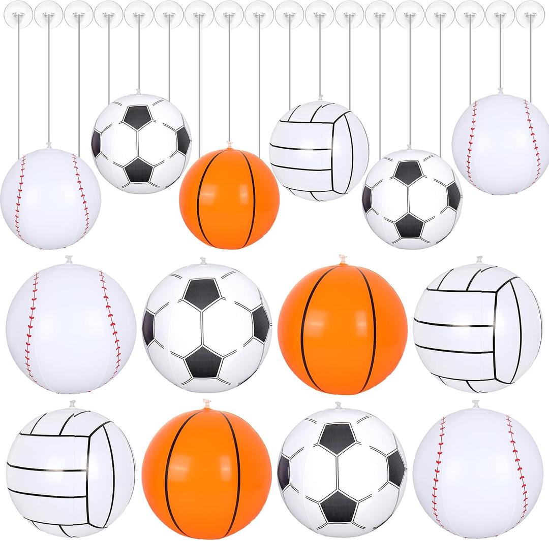 JarThenaAMCS 12Pcs 16 Inch Inflatable Sports Beach Balls Ornaments with Hanging Rope and Hooks for Birthday Sports Theme Party Favors Decor (Basketball, Soccer, Baseball, Volleyball)