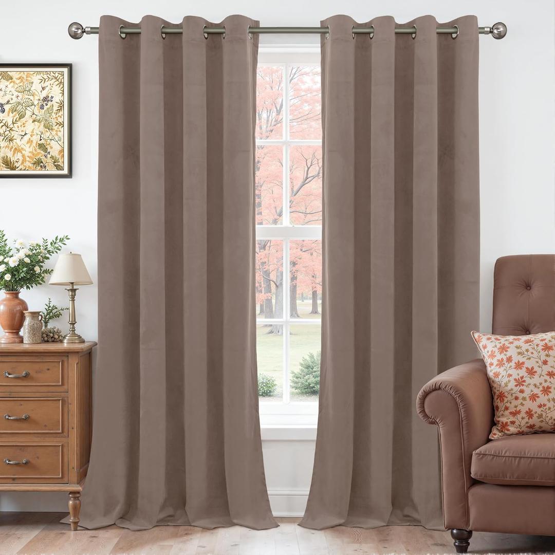 YoungsTex 96 Inches Long Taupe Velvet Curtains for Living Room, Thermal Insulated Blackout Drapes with Grommet Privacy for Sliding Door Bedroom, 2 Panels, 52 X 96 Inch