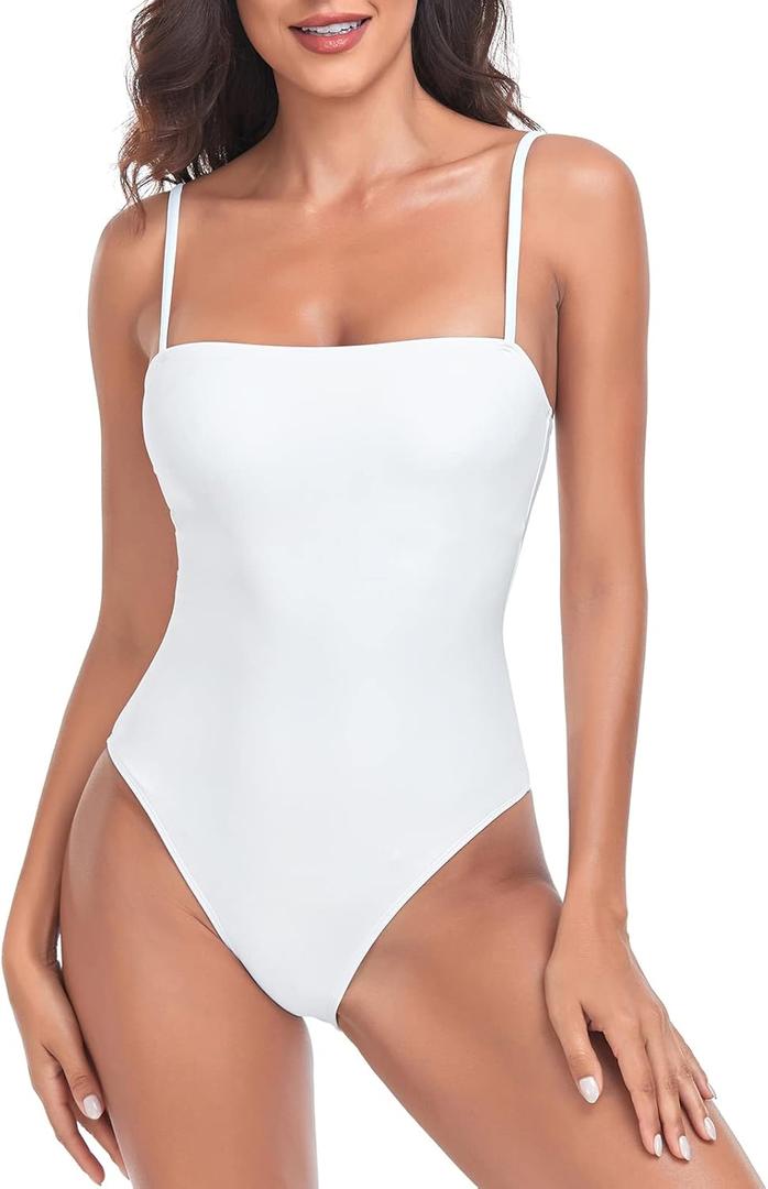 Colloyes Women's One Piece Bathing Suit with Adjustable Straps Bandeau One Piece Swimsuit (Medium, White)