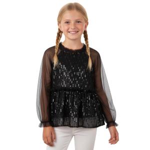 Girl Sequin Mesh Bloues Sparkle Ruffle Collar Long Sleeve Shirts Tops Black