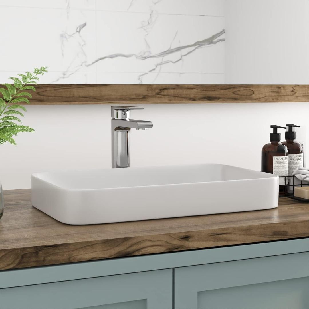 Bathroom Vessel Sink, DeerValley 19'' x 12'' Semi Recessed Bathroom Sink Rectangular White Ceramic Vessel Sinks for Bathroom Modern Bath Sink Bowl Vanity Sinks Above Counter Basin DV-1V0047