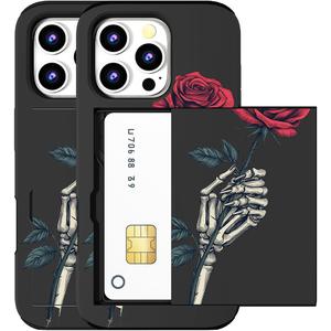 Compatible for iPhone 15 Pro Max Case with Card Holder Cute - Kawaii Design Military-Grade Drop Protection Rugged Wallet Cases for Women (Black Skeleton Skull Rose)