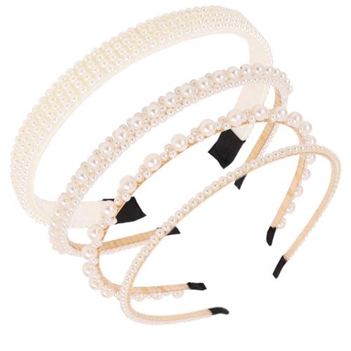 YISSION 4PCS White Pearl Headbands for Women Jeweled Head Bands Beaded Hairbands Fashion Wedding Bridal Headband Hair Accessories for Women Girls