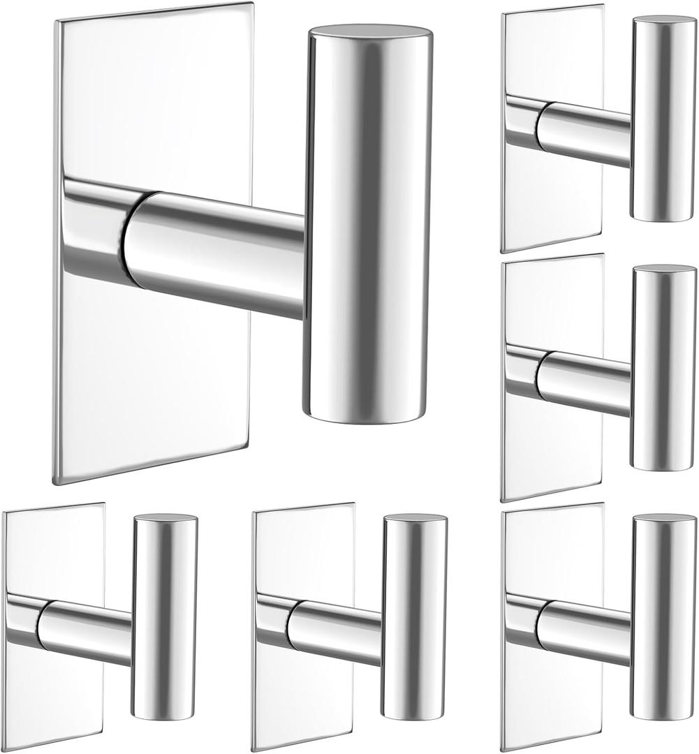 VAEHOLD Wall Towel Hooks, Heavy Duty Sticky Holder Waterproof Towel Hooks for Hanging Coat, Clothes, Closet Hook Wall Mount for Kitchen (Chrome, 6 Pack)