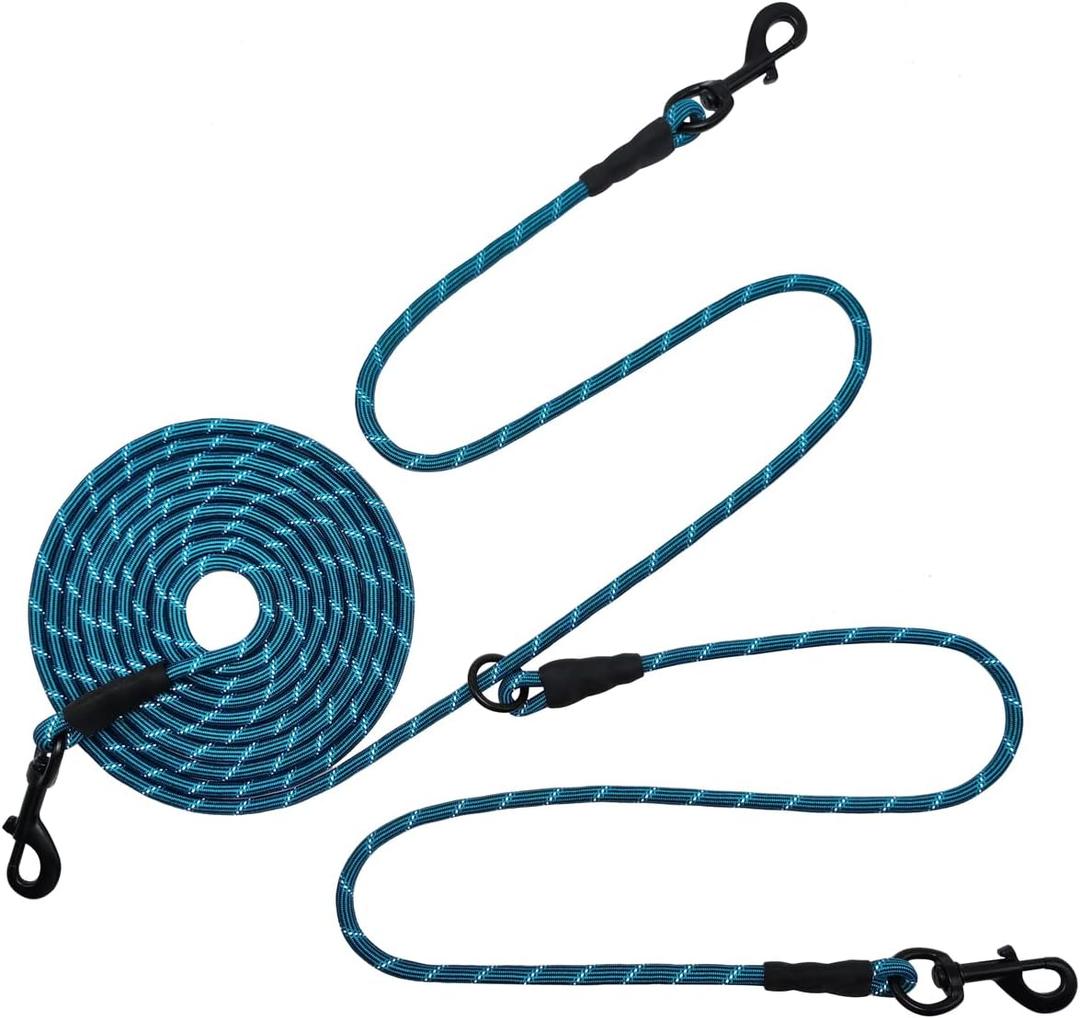 BTINESFUL 12FT 20FT 30FT 50FT Reflective Dog Tie Out for 2 Dogs, No Tangle 50ft by 1/3 Inch Nylon Rope Long Tether for Two Dogs, Dog Trolley Runner for Yard Outdoor Camping (Blue)