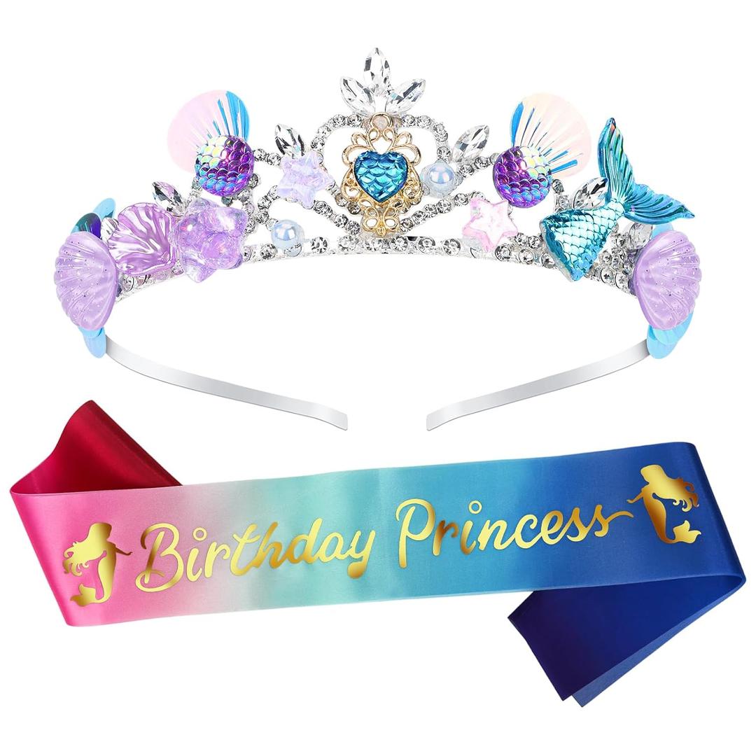 YARIEW Mermaid Princess Crown and Sash - Birthday Party Decorations for Girls and Women