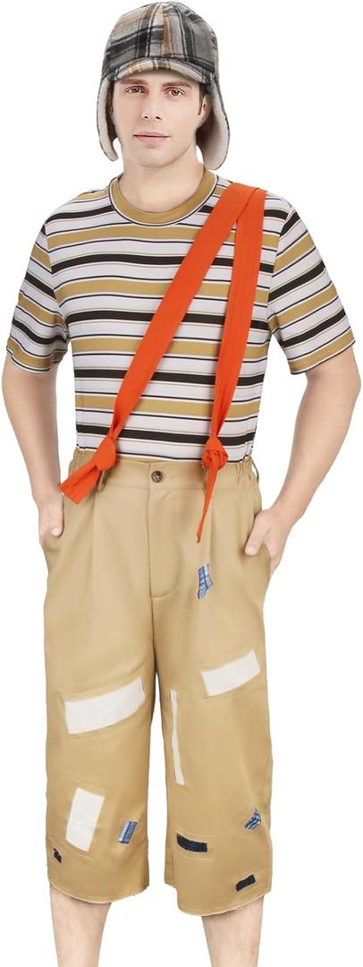 Adults Costume Striped T-shirt Hat Straps Pants Outfit Halloween Cosplay Uniform Set (Small)