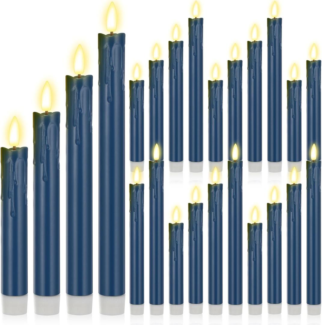 Macarrie 24 Pcs Blue Flameless Taper Candles LED Battery Operated 6.5'', 7.7'', 8.8'', 10'' 3D Flickering Flame Candlesticks Drip Wax Shaped Candles for Wedding Decor