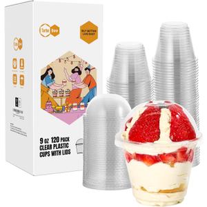Turbo Bee 120 Pack 9 OZ Clear Plastic Cups with Dome Lids, Disposable Dessert Cups with Lids for Fruit, Snack Smoothie, Pudding and Ice Cream (No Hole)