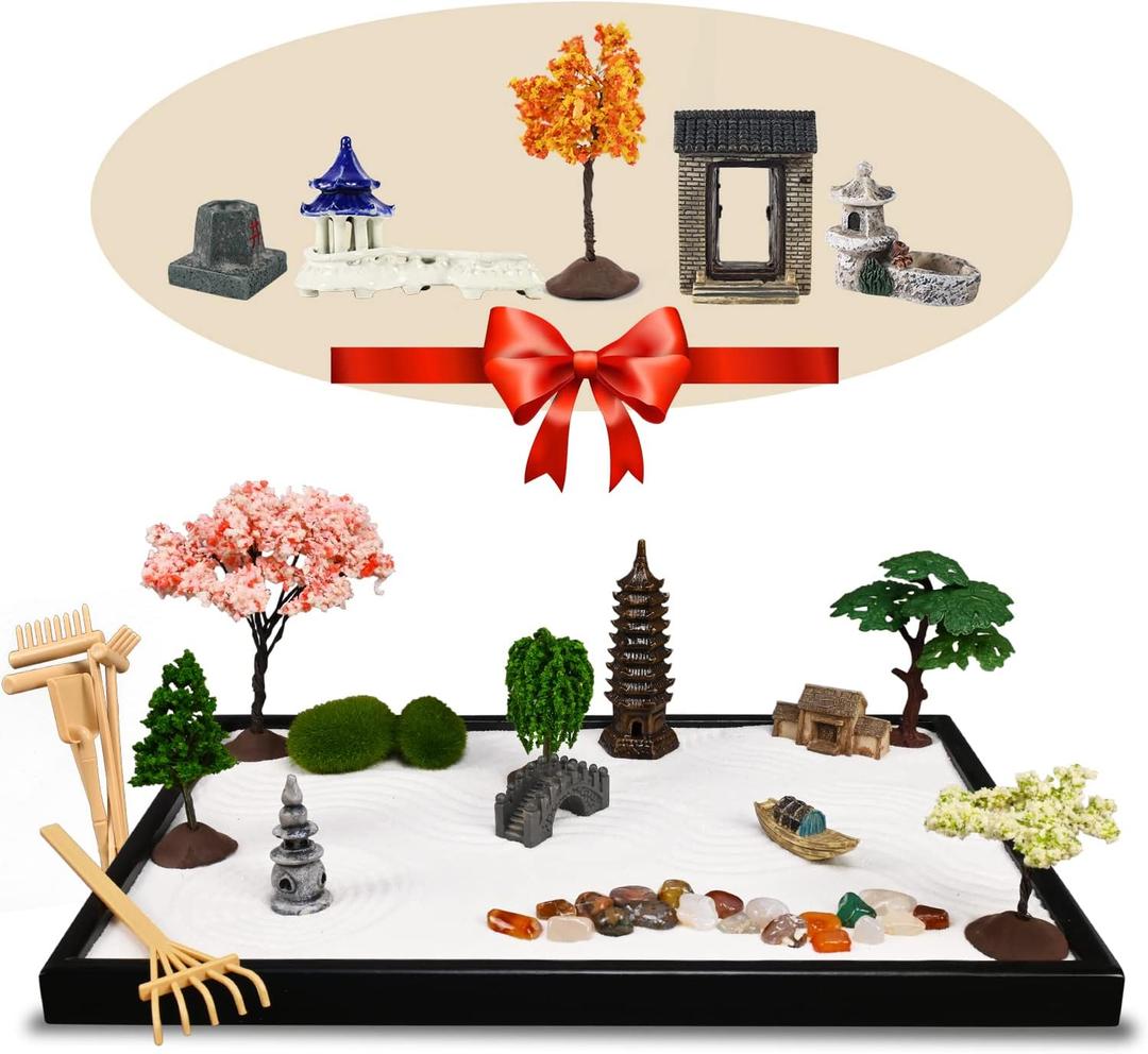 14" x 10" Large Japanese Zen Garden Kit for Desk  Includes 25+ Accessories: Sand Tray, Rake, Trees, Incense Burner, Bridge, Well, Door  Calming Decor Gift for Women, Mindfulness & Stress Relief