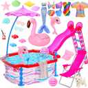 ENOCHT 46 Pcs Doll Pool Playset, Doll Pool with Slide Accessories Includes Mermaid Swimsuit, Beach Umbrella, Chair, Towel, Drink, Swimming Ring and Others Accessories fit for 11.5 inch Girl Dolls