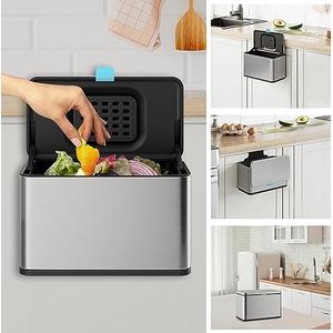 LINSSEN Stainless Steel Hanging Trash Can with Lid and Inner Bucket, 1 Gallon Kitchen Compost Bin for Counter Top, Under Sink or Wall Mount, Small Garbage Can for Cupboard/Bathroom/Bedroom/RV