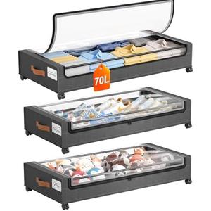 Yecaye 70 L Under Bed Storage with Wheels, 3 Pack Larger Capacity Under Bed Storage Containers, Underbed Shoe Storage Organizer, Rolling Under Bed Metal Drawers for Clothes, Blankets, Hemp Grey