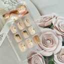 2 x 24pcs Flower Press on Nail Medium Length Square Fake Nails Full Cover French Tip with Stripe Leopard Print Polka Dot designs 3d Flower Stick on Nail Gold Glitter Glue on Nails for Women Art Manicure