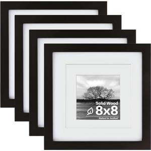 Egofine 8x8 Picture Frames 4 PCS - Made of Solid Wood Covered by Plexiglass Display 4x4/6x6 with Mat or 8x8 without Mat, for Table Top Display and Wall Mounting Photo Frame Black