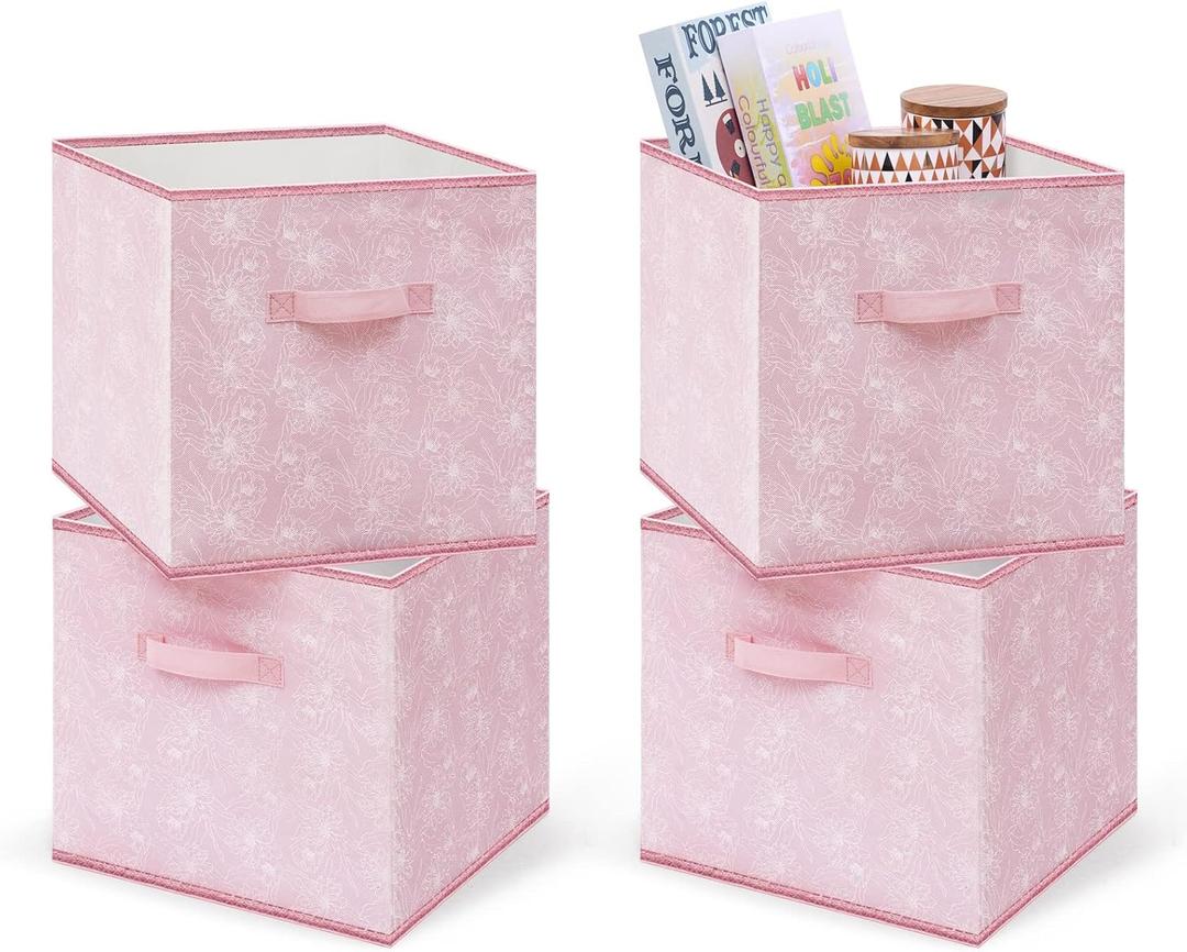 Collapsible Storage Cube Bins - Fabric Cubby Organizer,Flower Decorative Shelf Basket Dual Handles,13 Inch Rosegold Box For Nursery/Home Office/Closet/Kids Room/4-Pack(Blush Pink)