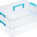 JUXYES 2Tiers Stack Carry Storage Box With Handle, Transparent Stackable Storage Bin With Handle Lid Latching Storage Container for School & Office Supplies (Blue)