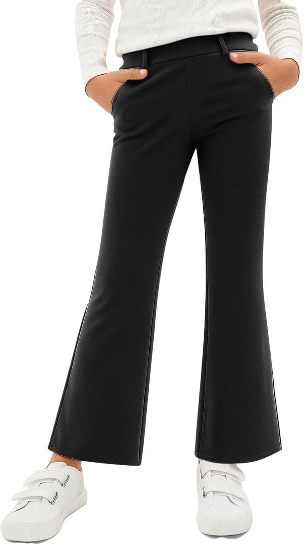 CharmWM Girls School Uniform Pants Elastic High Waisted Flare Dress Pants Bell Bottoms (Black)