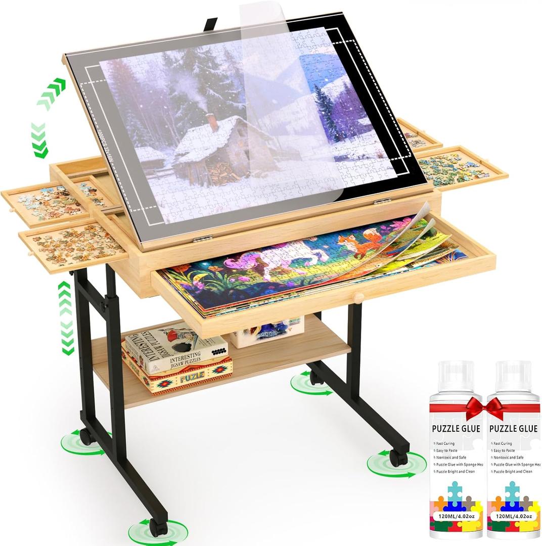 Wooden Puzzle Table with Drawers, 1500 Piece Puzzles for Adults & Puzzle Enthusiasts with Adjustable Height & Tilt, Felt Surface, Metal Stand with Lockable Wheels, Puzzle Storage Box and Cover, Medium-1500pcs
