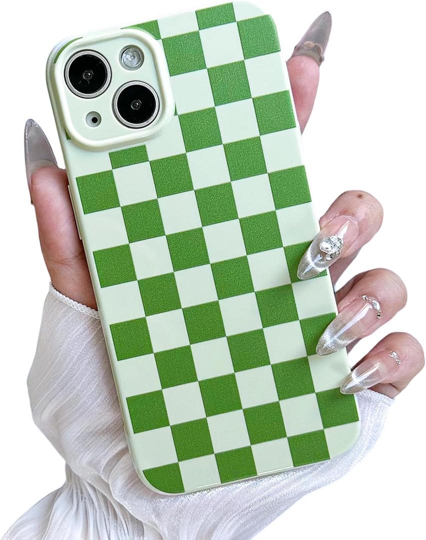 MINSCOSE for iPhone 14 Case Aesthetic Checkered Plaid Checkerboard Design Pattern,Trendy Slim TPU Shockproof Protective Full Camera Protection Phone Cover-Green
