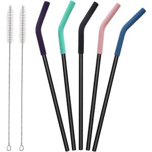 Senneny Set of 5 Stainless Steel Straws with Silicone Flex Tips Elbows Cover, 2 Cleaning Brushes and 1 Portable Bag Included (Silver) 8mm diameter