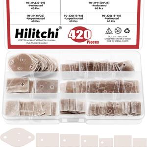 Hilitchi 420PCS Mica Insulator Sheet Assortment Kit: TO-220, TO-3P, TO-3P11, TO-3PL, To-3 Rectangle Mica Insulation Sheet with Hole and without Hole