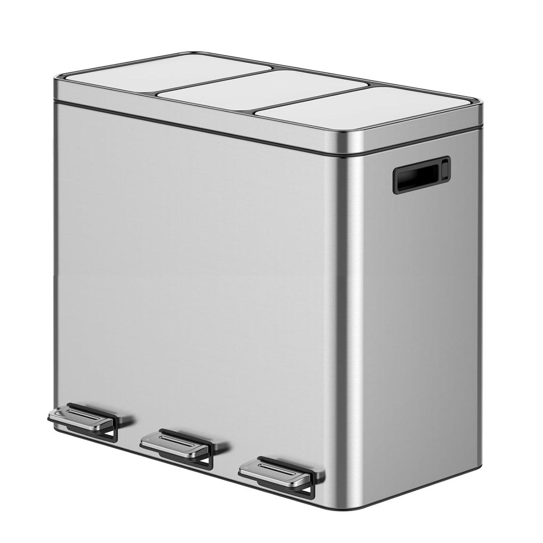 3 Compartment Trash Can, Soft-Close Lid and Removable Inner Rubbish Bin, Stainless Steel Garbage Can for Kitchen, Home Office, Living Room, Bedroom5.3 Gallon/60L (Large, Upgraded Sliver)
