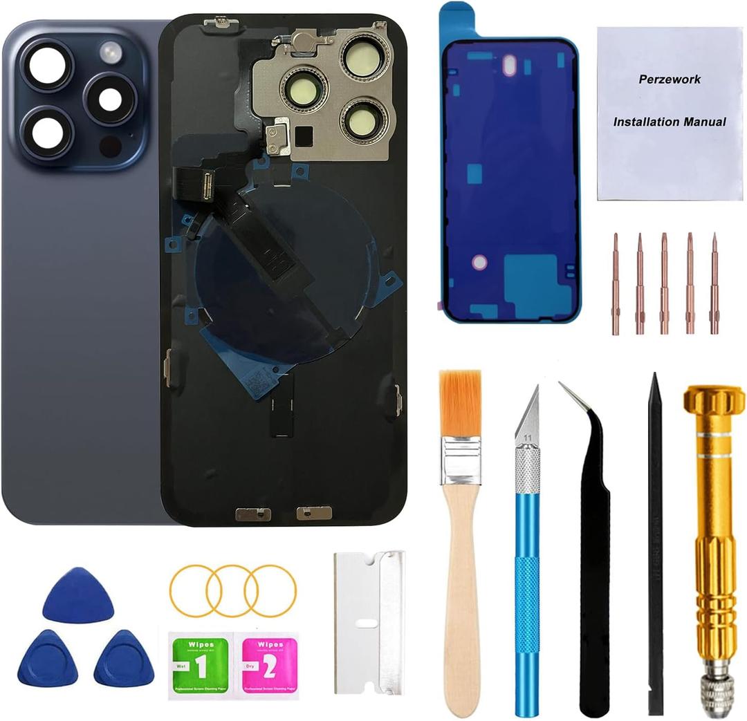 Rear Back Glass Replacement for iPhone 15 Pro 6.1-inches with Reparing Tool Kit and All Necessary Parts (Blue Titanium)
