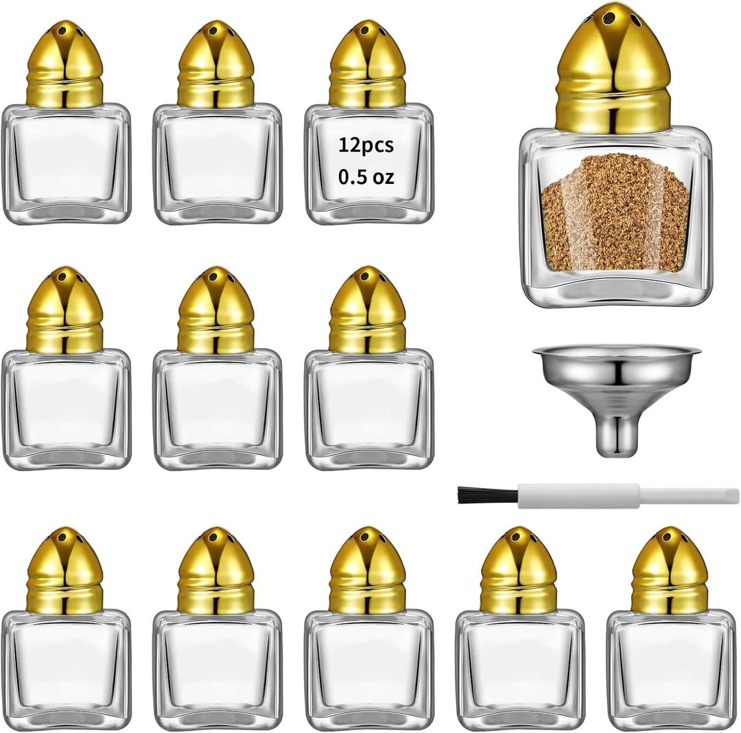 12 Pcs 0.5 oz Cube Shape Small Salt and Pepper Shakers with Tone Tops Clear Mini Glass Seasoning Jars Spice Salt Shakers with Funnel for Wedding Party Restaurant Home Kitchen (12, Gold)