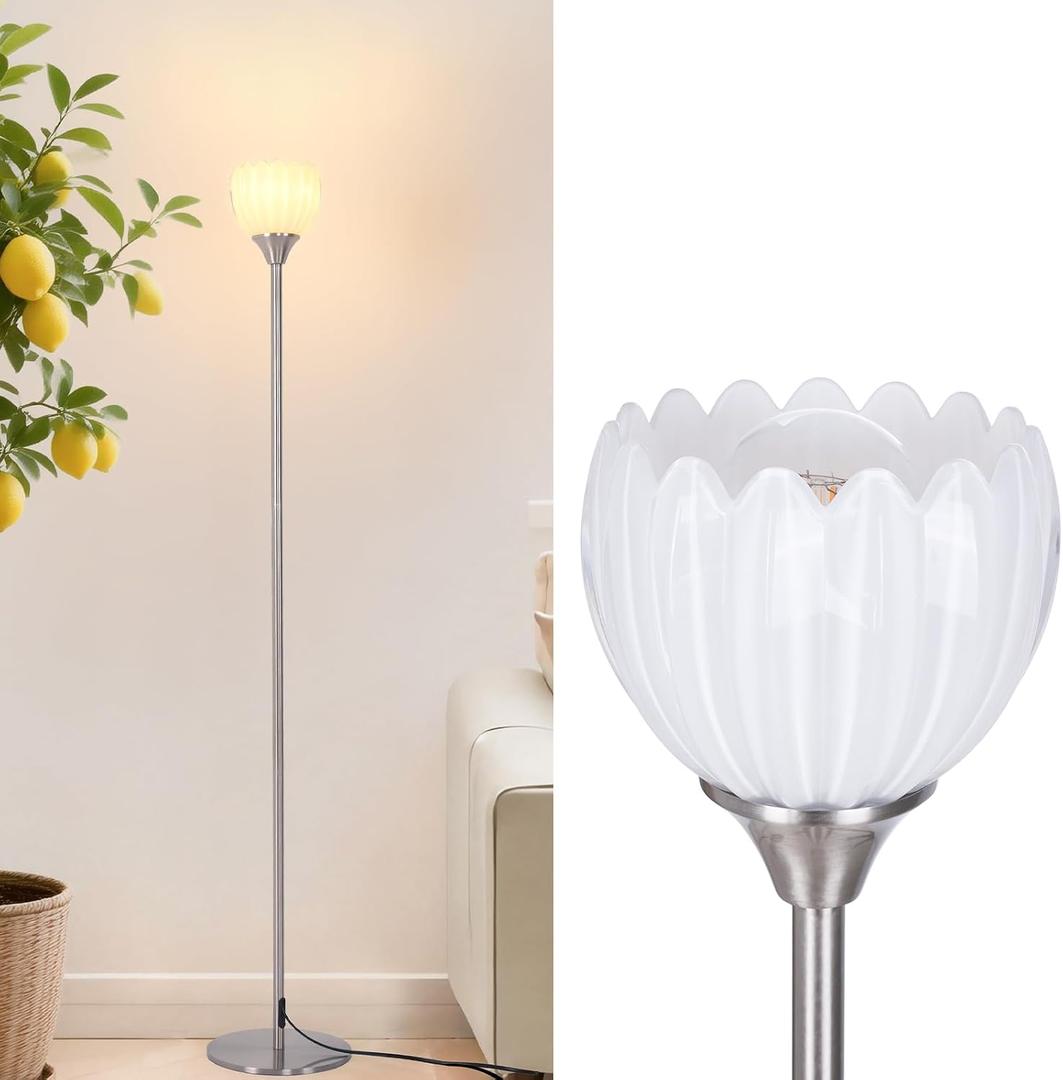 Shenmoyl Floor Lamps for Living Room, Bedroom, Nickel Standing Lamp with 12W Bulb, Vintage Floor Lamp for Reading, Nursery, Corner (White Tulip)