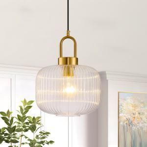 Glass Pendant Light Mid Century Modern Handcrafted Ribbed Glass & Brushed Bronze Finish for Kitchen Island Dining Room Plug in Hanging Lamp with 14.7ft Cord, E26 Base, Sloped Ceiling Compatible