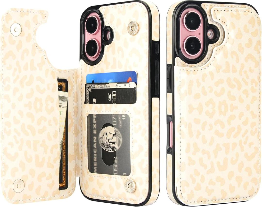 HAOPINSH for iPhone 16 Wallet Case with Card Holder, Cream-Coloured Leopard Pattern Back Flip Folio PU Leather Kickstand Card Slots Case for Women Girls, Double Magnetic Clasp Shockproof 6.1"