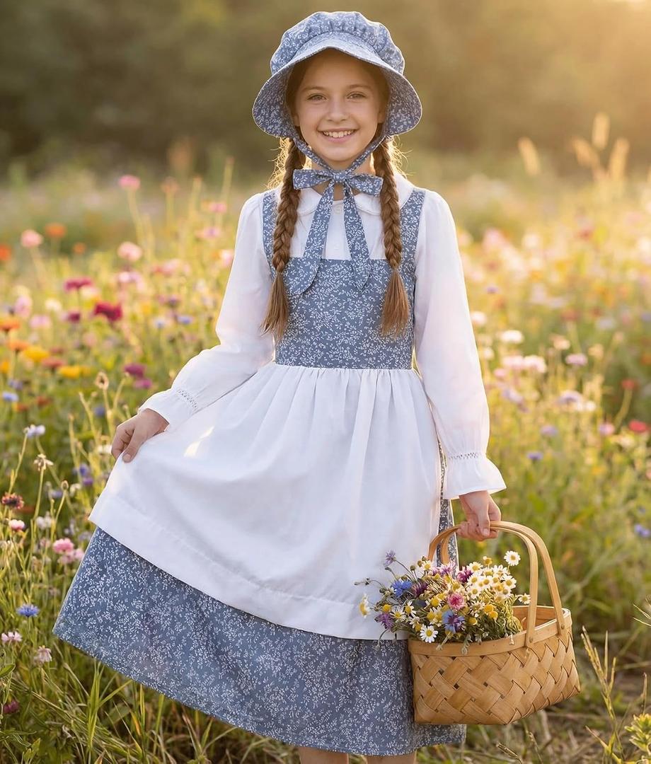 SIZGAROOT Colonial Costume Girls Pioneer Girl Costume Prairie Dress with Bonnet (White, M)
