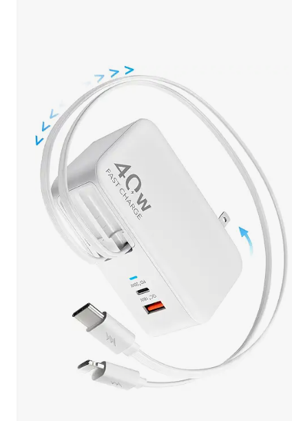 Retractable USB C Charger Wall Plug with 35.5in/90cm Type C Cables Cords,40W Fast Charging Foldable Block Multi Charger for All Devices for iPhone 17/16/15/14/13/12,iPad,Galaxy,Pixel