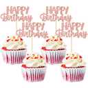 Gyufise 24Pcs Happy Birthday Cupcake Toppers Rose Gold Glitter Birthday Cake Picks for Celebrating Birthday Party Baby Shower Party Decorations Supplies