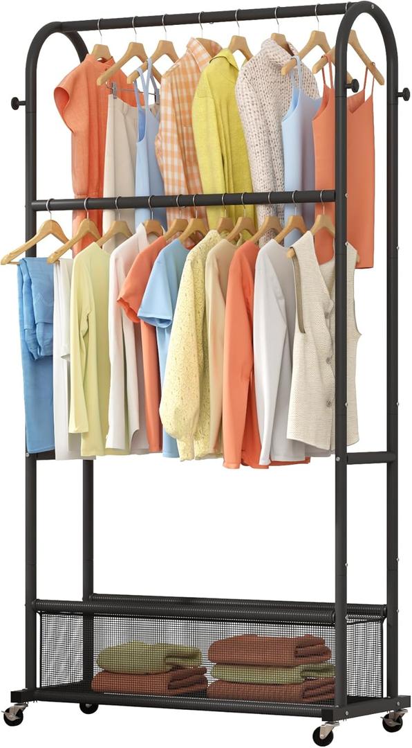 MOYIPIN Double Rods Clothing Rack with Wheels,Clothing Organizer for Hanging Clothes Coat Scarves Bags,Multi-functional Bedroom Garment Rack,4 Hooks,Black