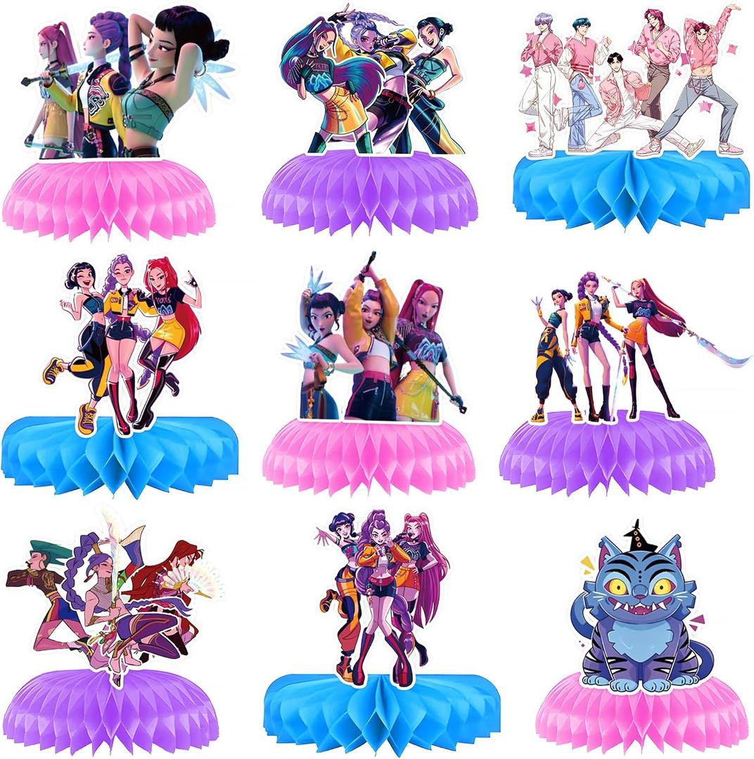 4 x Kpop Demon Birthday Decorations, 9 PCS Demon Hunters Honeycomb Table Centerpiece, K Pop Demon Birthday Party Supplies Table Decorations for Kids Party Decorations