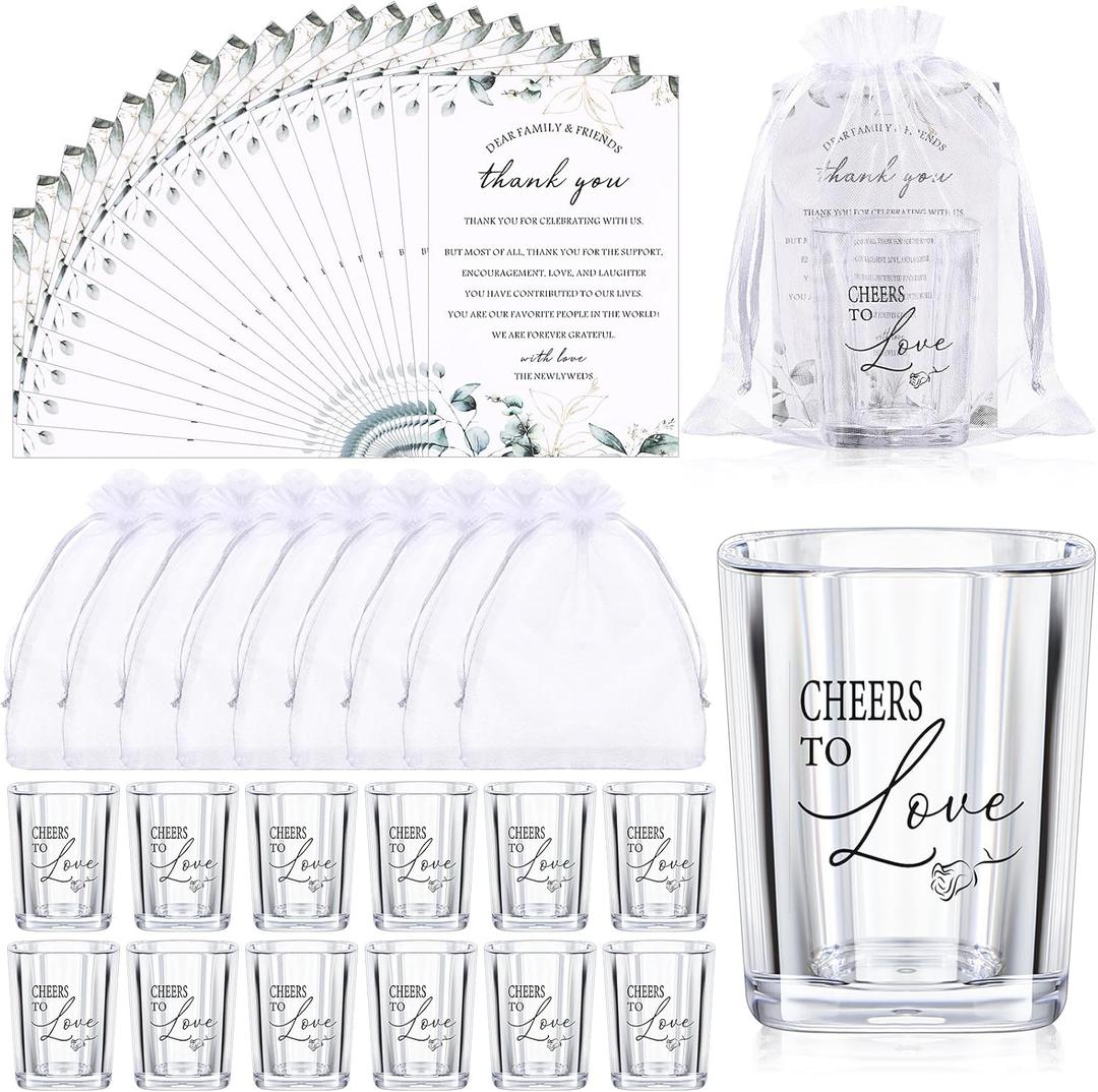 Sliner 50 Set Wedding Favors for Guests Bulk 2oz Acrylic Cheers to Love Shot Glasses with Thank You Cards Organza Bags for Guest Souvenirs Wedding Gifts Newlyweds Bridal Shower Party (Cylinder)