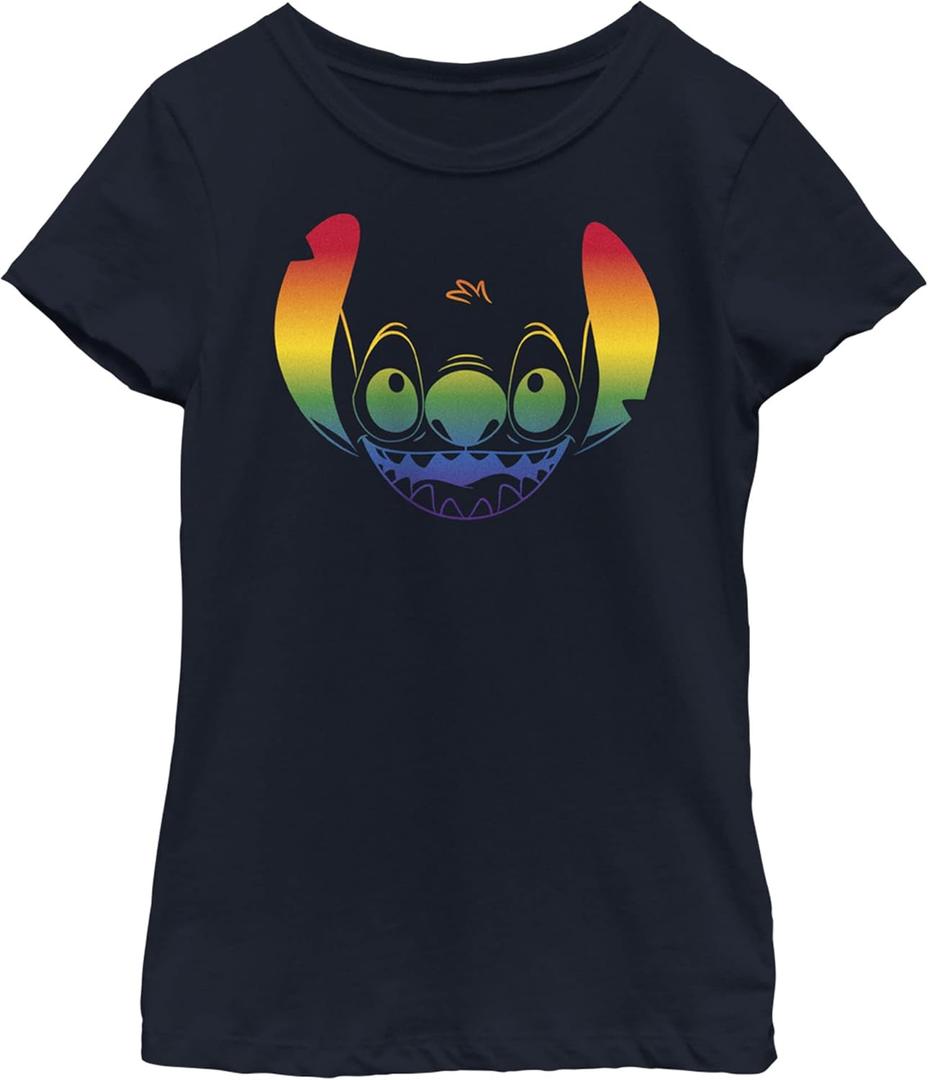 Disney Lilo Big Face Stitch Pride Girl's Solid Crew Tee (Navy Blue), XS