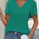 Womens Blouses Short Flutter Sleeve V Neck Chiffon Work Tops Casual Dressy Shirts Flowy Office Outfit 2025 Trendy (Green, XXL)