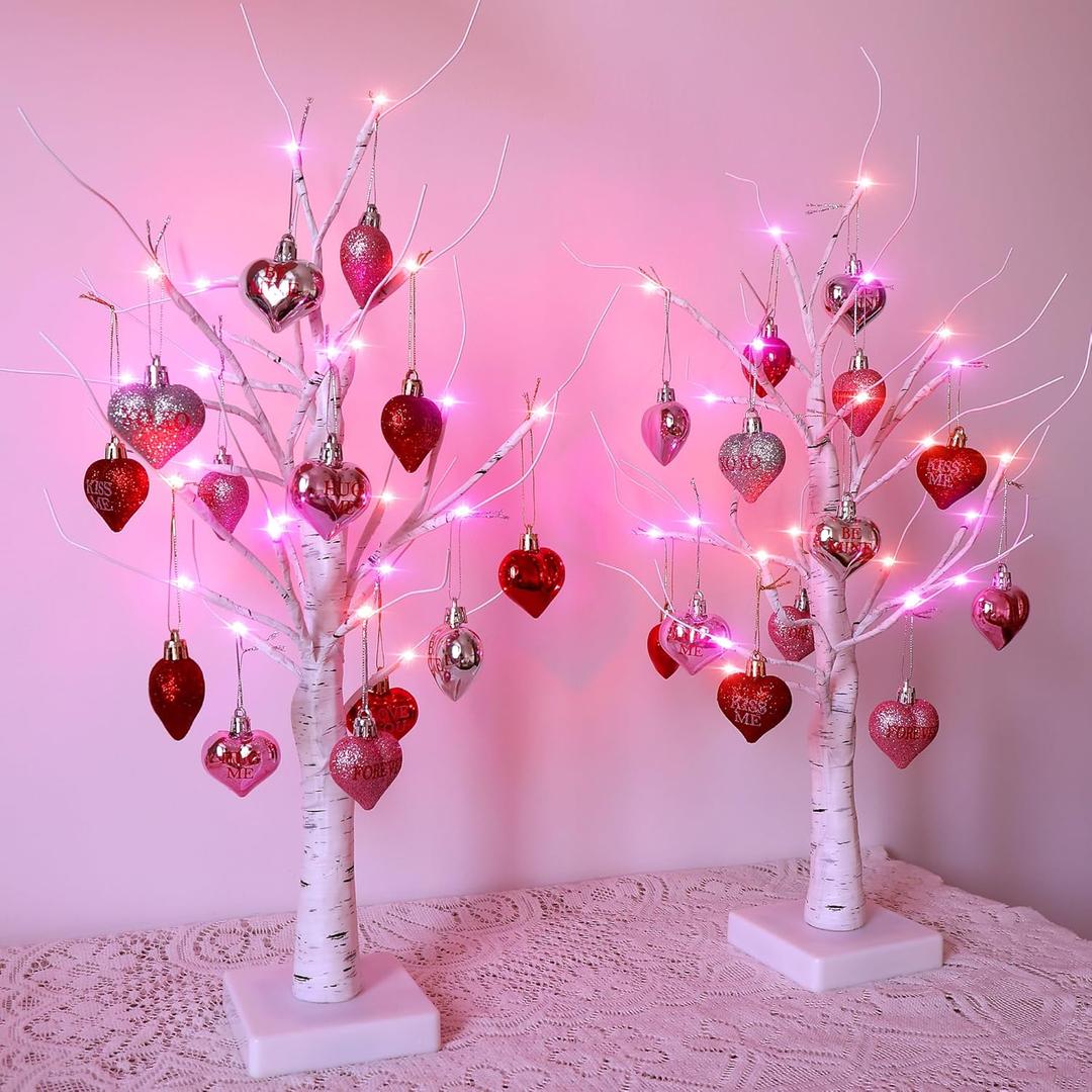 Valentines Day Lighted Birch Tree Decorations, 24 Inch Small Table Top Artificial LED Light Trees Decor with White Branches and Hanging Heart Shaped Ornaments, Timer USB & Battery Operated