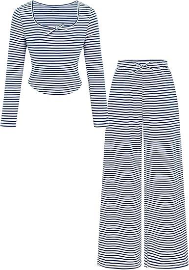 SOLY HUX Girl's 2 Piece Outfits Striped Long Sleeve Fall Matching Sets Bow T Shirt Tops and Wide Leg Pants, 10Y