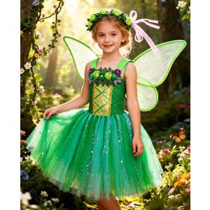 Fairy Costume for Girls with Wings Flower Crown Halloween Party Princess Dress Up Birthday Gifts, 9-10Y