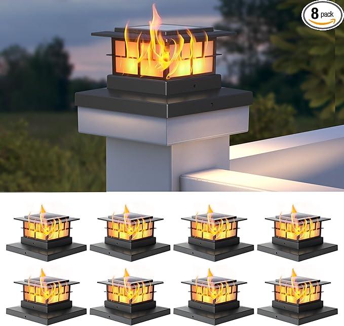 LUTEC 8 Pack Solar Post Cap Lights, IP65 Waterproof Solar Flame Fence Post Lights for 4x4 5x5 6x6 Wooden/Vinyl Posts, Flickering Flame Warm White 3000K LED Lighting Decor for Yard, Patio, Deck, Black