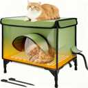 Heated Cat House for Outside Winter with Heater, 100% Weatherproof, Oxford Cloth Insulated Outdoor Cat Shelter with Waterproof Eaves & Escape Door for Outside Stray Barn Cat Green 17x13x19in