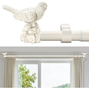 KVEEO White Curtain Rod 36-72 Inches Curtain Rods for Windows Adjustable Heavy Duty Drapery Rod with Bird Finials for Kitchen Window Living Room