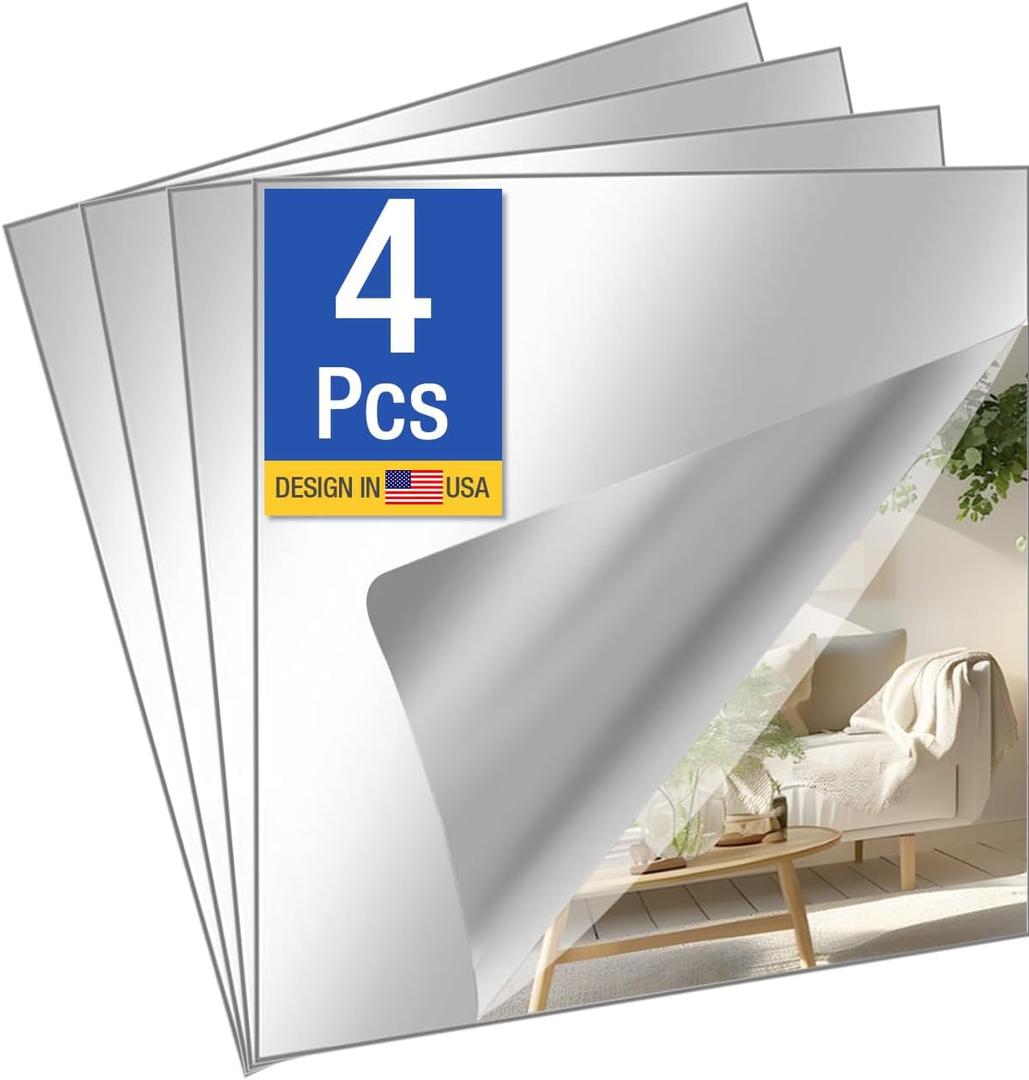 4 Pcs 16" x 16" Acrylic Flexible Mirror Sheets, Peel and Stick Mirror Tiles on Mirrors for Wall, Full Length Body Mirror for Home Gym, Bedroom, Door and Bathroom Decor