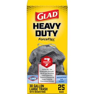 Glad Large 30 Gallon Trash Bags, Clorox Mountain Air Heavy Duty Garbage Bags, Forceflex with Drawstring, 25 Count (Packaging May Vary)