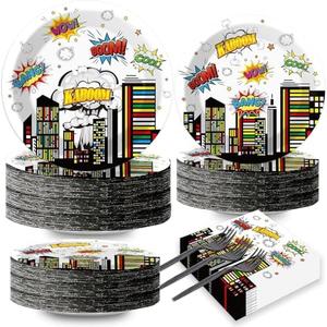 Super Party Plates Napkins Forks Hero Theme Party Tableware Set Hero Action Sign Party Disposable Paper Dessert Cake Dinnerware Boy Girl Happy Birthday Party Baby Shower Decor