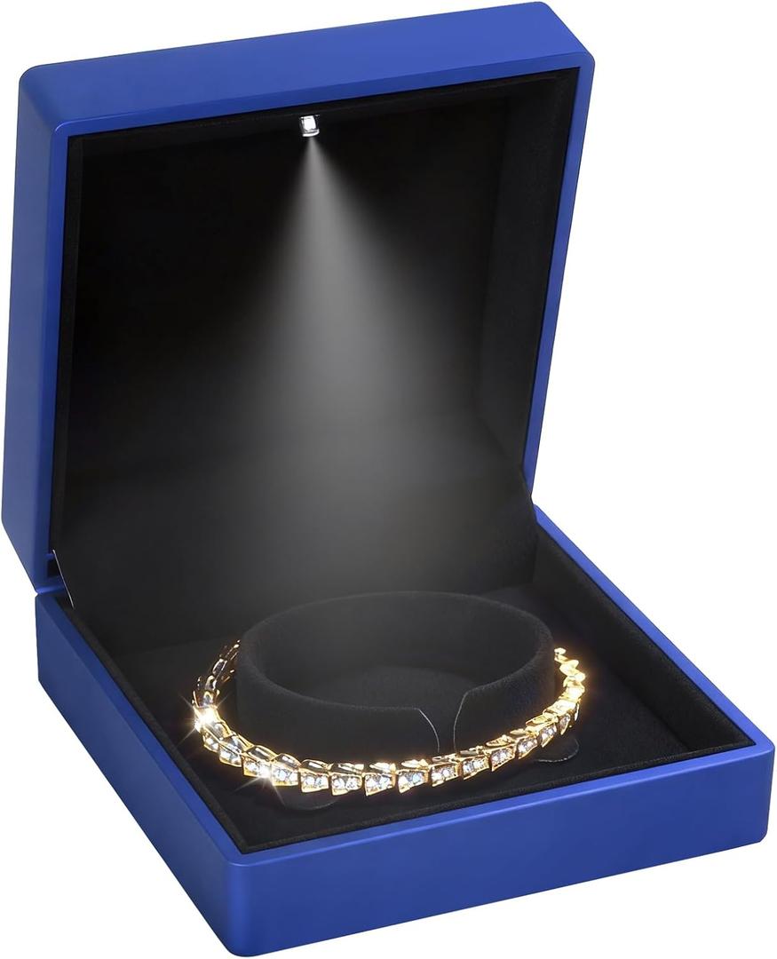 Hatori Luxury Bracelet Box, Velvet Jewelry Bangle Box Storage Case Organizer Holder with LED Light for Wedding, Engagement, Proposal, Birthday and Anniversary (Blue)